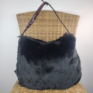Sondra Roberts Black Faux Fur Shoulder Bag Tote Leather Snake Print Strap Large